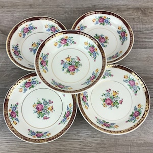 Vintage Swinnerton&#39;s Tudor Rose Berry Bowls, Set of 5 Small Dessert Bowls, Flower Bouquet, Burgundy & 22 KT Gold, Replacement Dinnerware