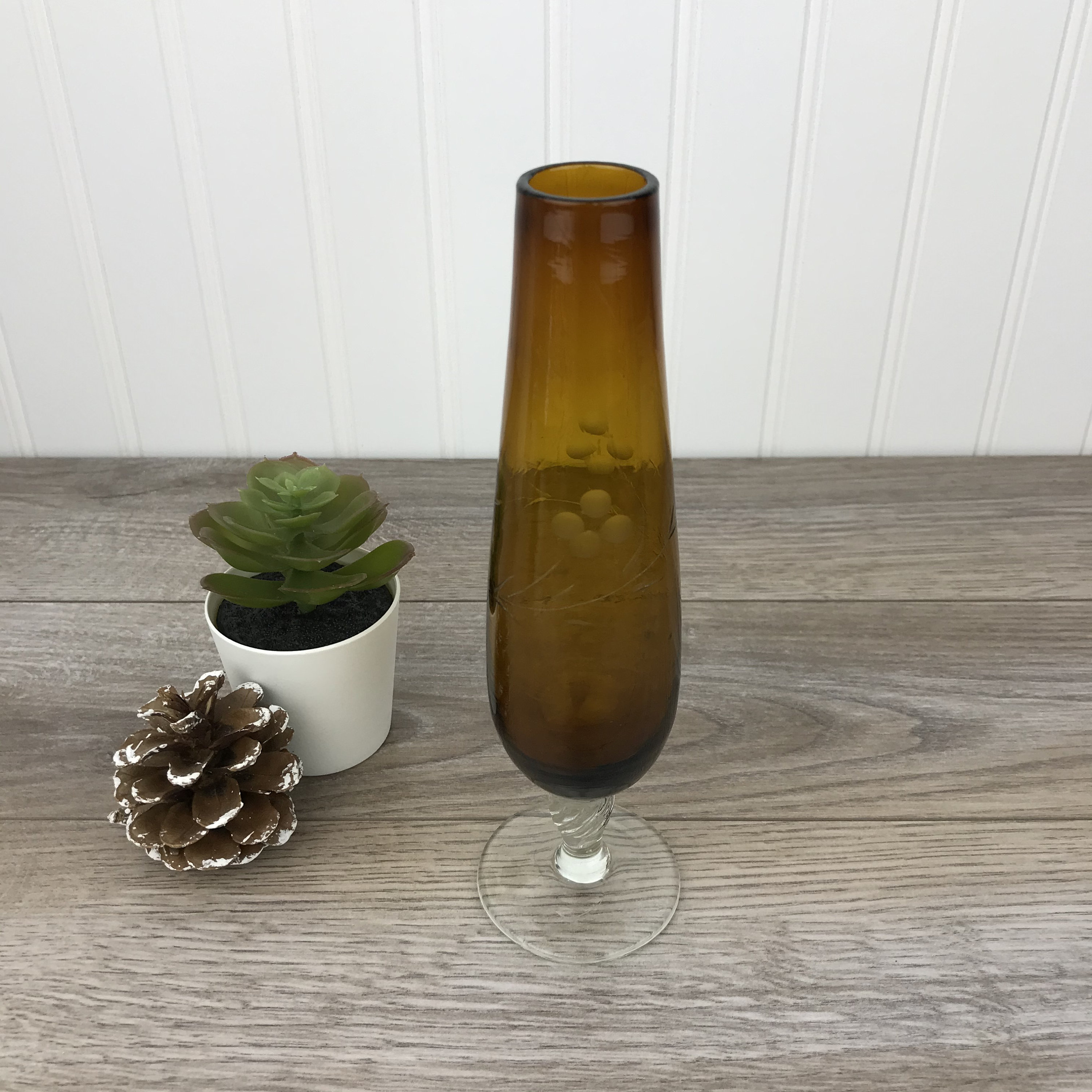 Vintage Amber Glass Flower Vase Footed Glass Vase Two Tone Etsy