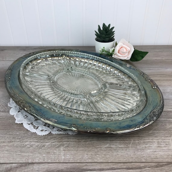 Vintage Silver Plate Relish Dish W/ Glass Insert, 5 Sections, Etched  Design, Shabby Chic, Tarnish, Distressed, Christmas or Wedding Buffet 