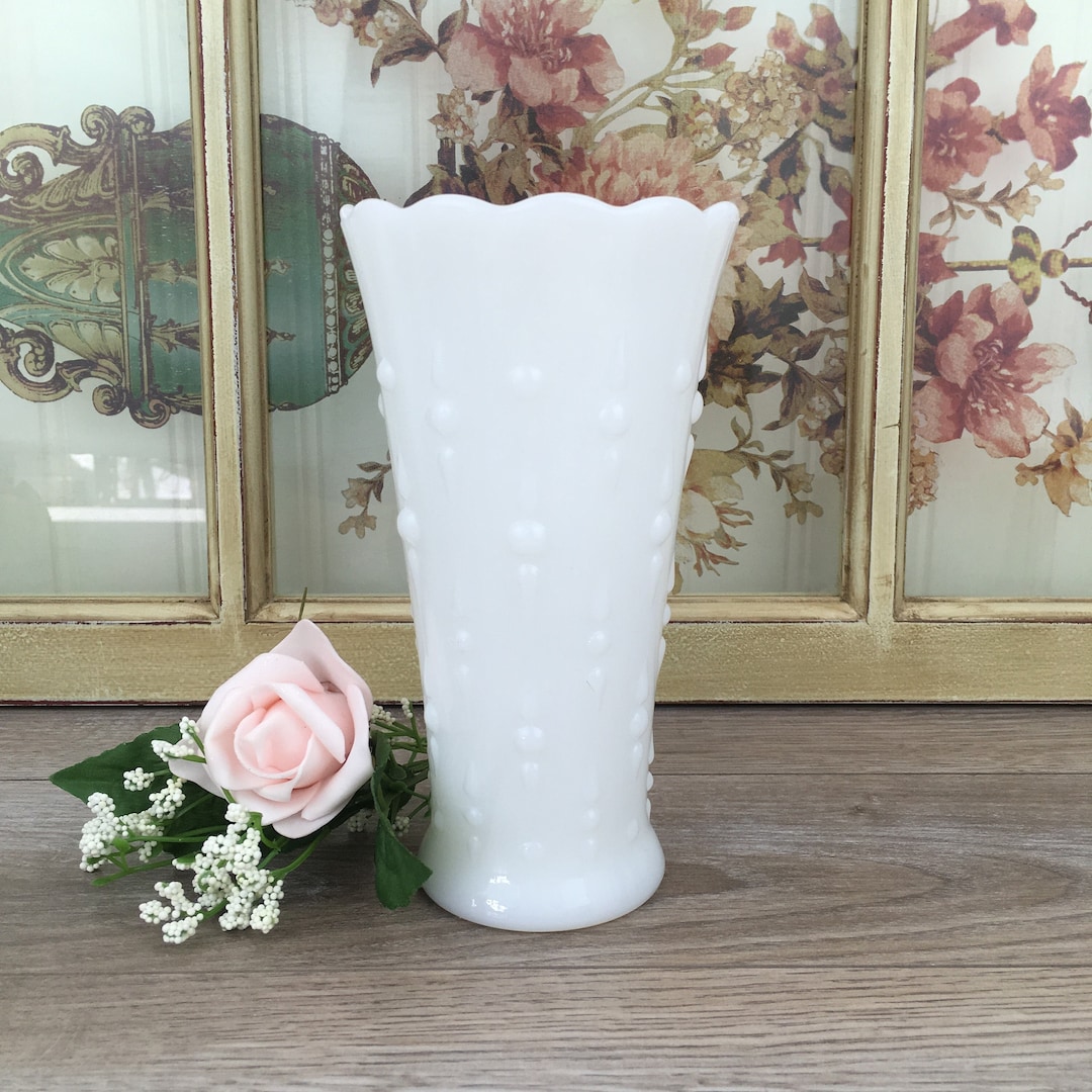 Vintage Milk Glass Flower Vase, Tear Drop & Pearl Design, Milk Glass