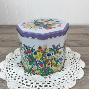 Vintage Tin Box, Tin Container, Tin Storage, Wild Flowers & Butterflies in Purple Pink Yellow Green, Shabby Chic, Cottage Core, Country