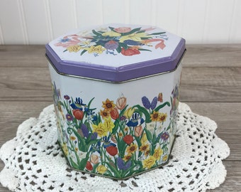 Vintage Tin Box, Tin Container, Tin Storage, Wild Flowers & Butterflies in Purple Pink Yellow Green, Shabby Chic, Cottage Core, Country