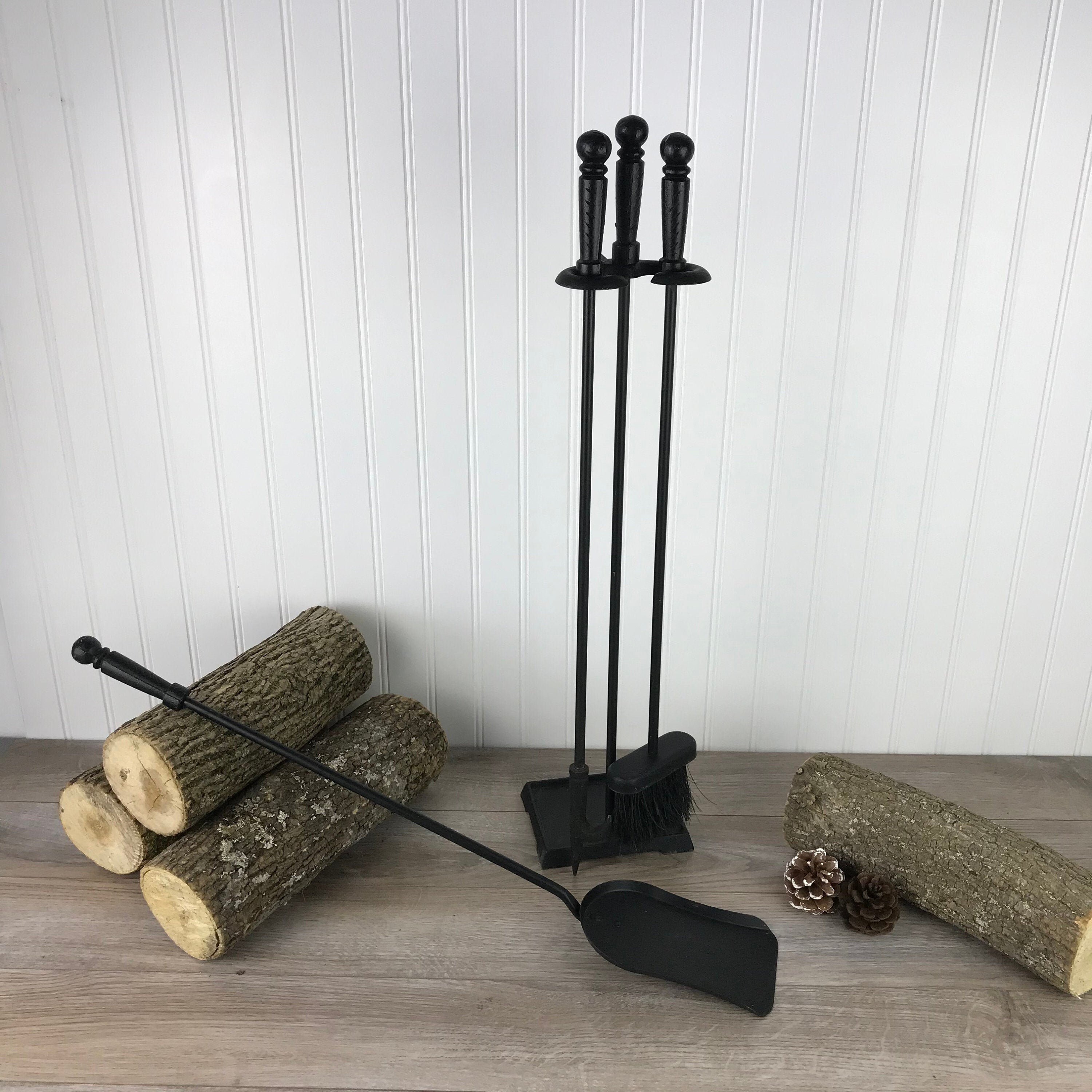 Vintage Black Cast Iron Fireplace Tool Set With Stand 3 Tools Etsy