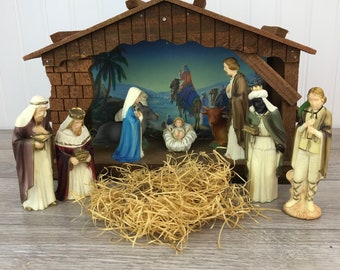 Vintage Nativity Set, Creche, Wood Stable, Plastic Figurines, Birth of Jesus w/ Mary, Joseph, Christian Catholic Religious Christmas Decor