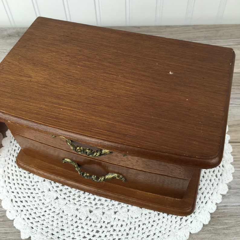 Wood Chest w 1 Drawer Brass 3 Sections Top Compartment Wooden Jewelry Box by Mele Vintage Velour Retro 70/'s Vanity Storage 1976