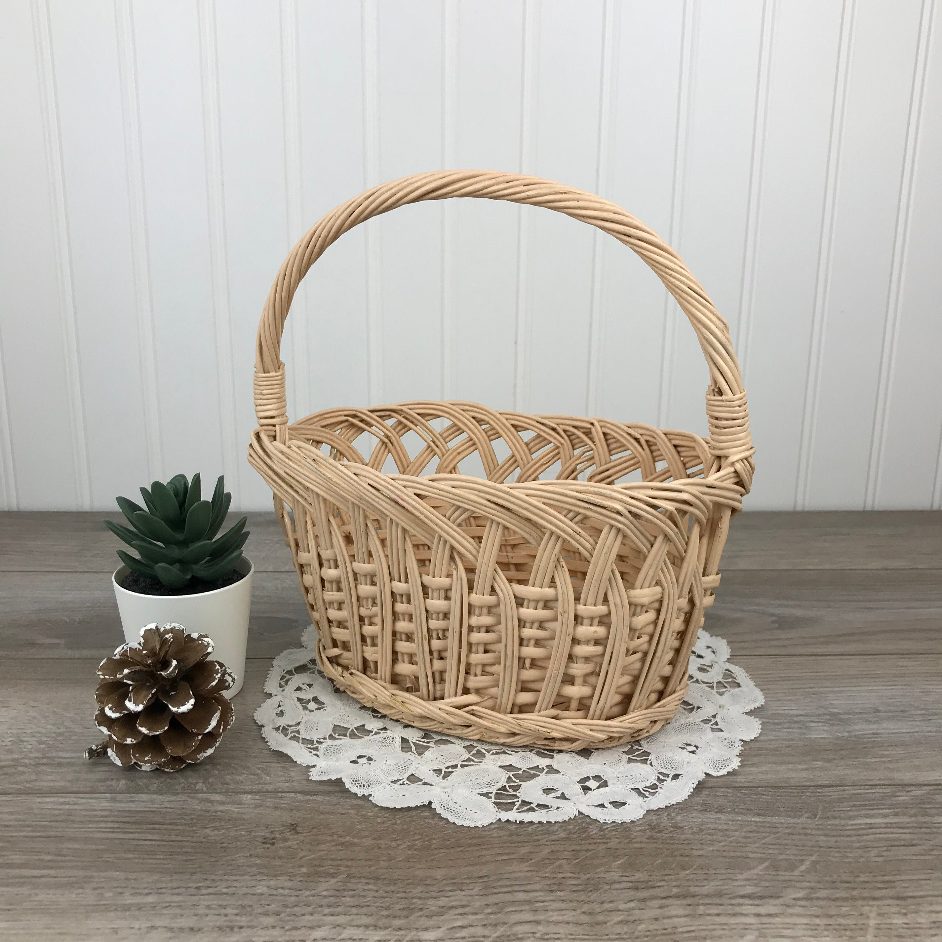 Vintage Small Pink Wicker Basket with Handle Blush Pink Etsy