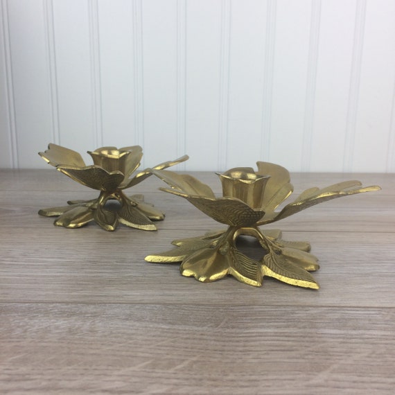 Pair Of Brass Candle Holders Lotus Flower Set Of 2 Vintage Brass Candlestick Holders Made In India Brass Home Decor Mid Century Modern