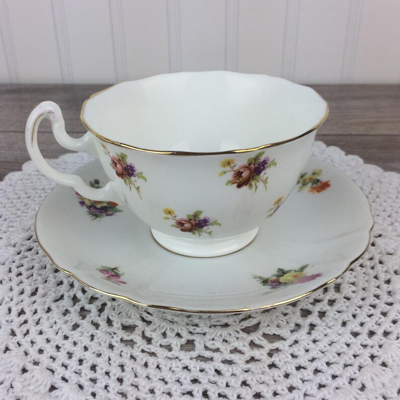 Vintage Pink Ditsy Floral Tea Cup and Saucer Set, Mismatched Set