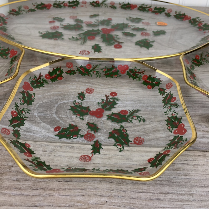 Vintage Mid-Century Christmas Serving Platter Set 3 Small Plates X-Mas Dinnerware Gold Trim Modern Decor Mistletoe Lina Fontana Germany