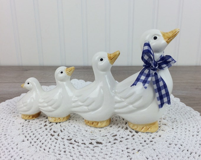 Vintage White Ceramic Duck Family Figurine Country Kitchen Etsy