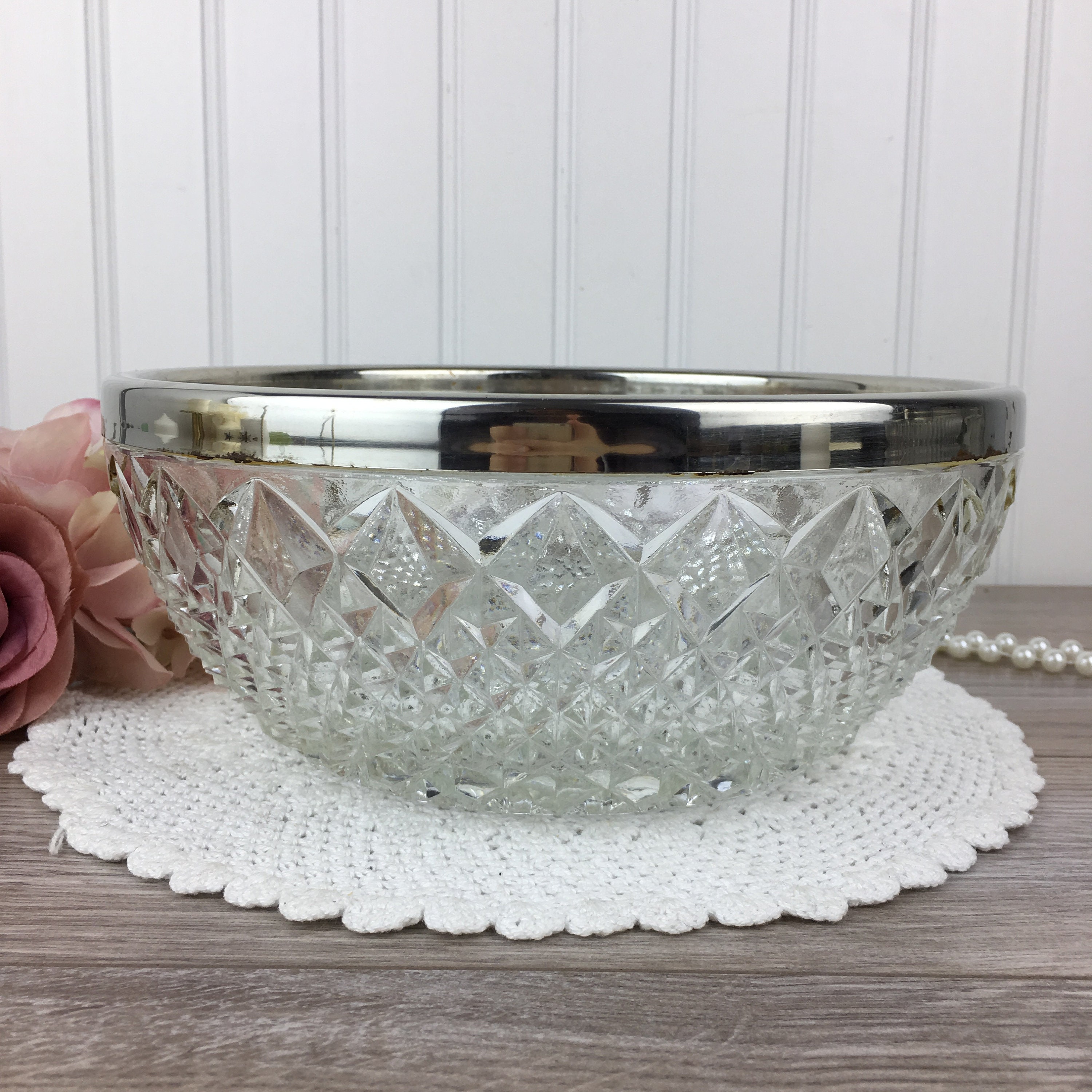 Vintage Cut Glass Salad Bowl w/ Silver Rim Diamond Pattern Etsy