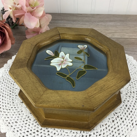 Vintage Wooden Jewelry Box W/ Painted Glass Top, Octagonal