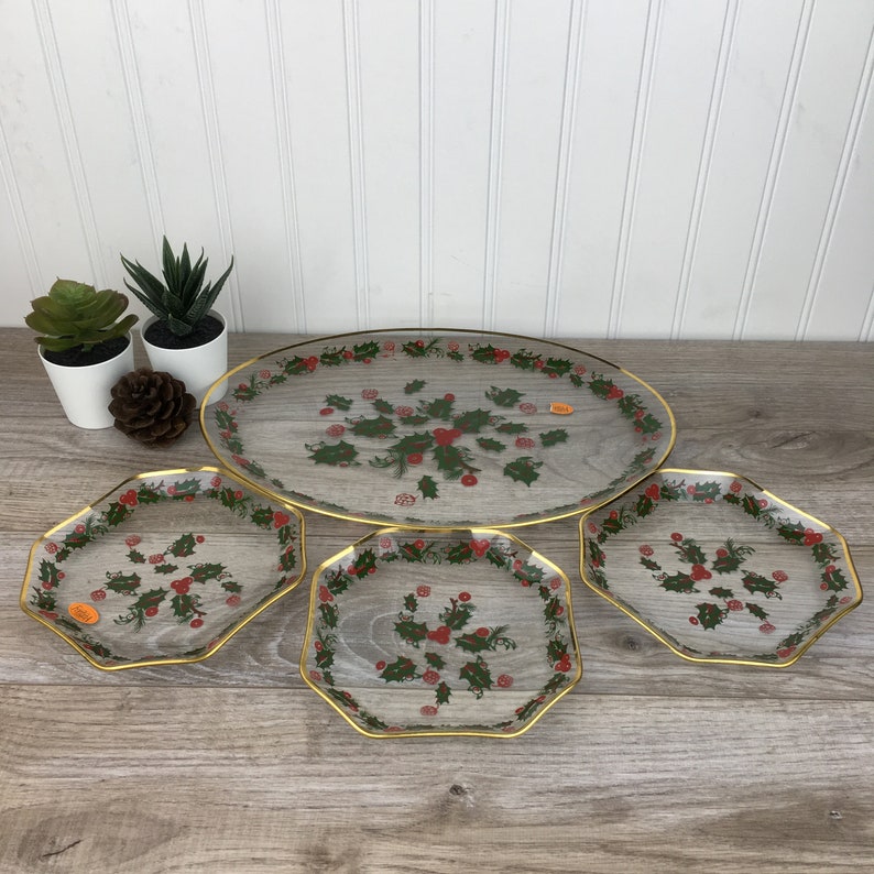 Vintage Mid-Century Christmas Serving Platter Set 3 Small Plates X-Mas Dinnerware Gold Trim Modern Decor Mistletoe Lina Fontana Germany