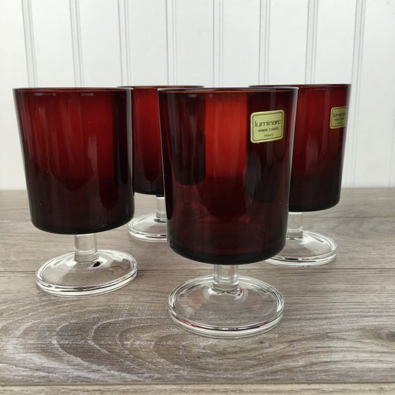 6 Vintage Ruby Red Stem Wine Glass Luminarc Christmas Holiday 