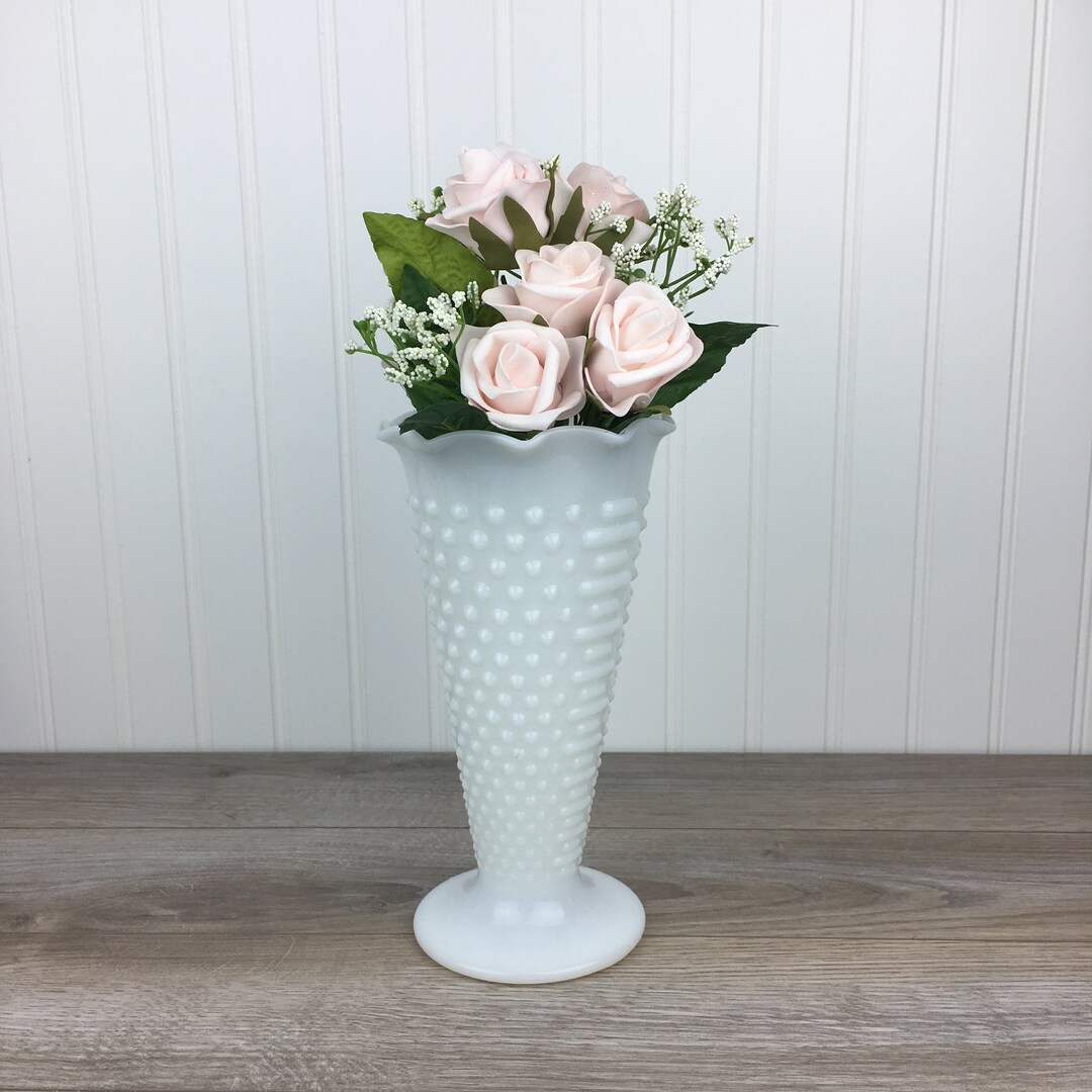 Vintage Hobnail Milk Glass Flower Vase, Large Milk Glass Footed Vase Scalloped Edge, Shabby Chic