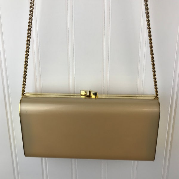 Vintage Beige & Gold Hard Shell Evening Bag, Shoulder Bag, Evening Purse with Chain, Clutch, VTG Fashion Accessories