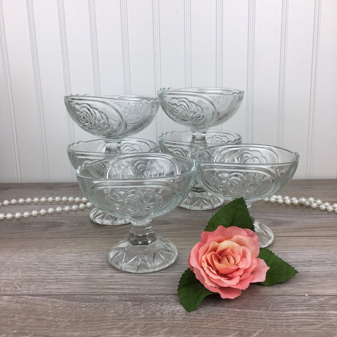 Vintage Dessert Cups, Set of 6 Clear Glass Footed Ice Cream Bowls