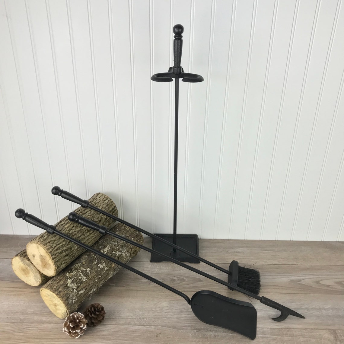 Vintage Black Cast Iron Fireplace Tool Set With Stand 3 Tools Etsy