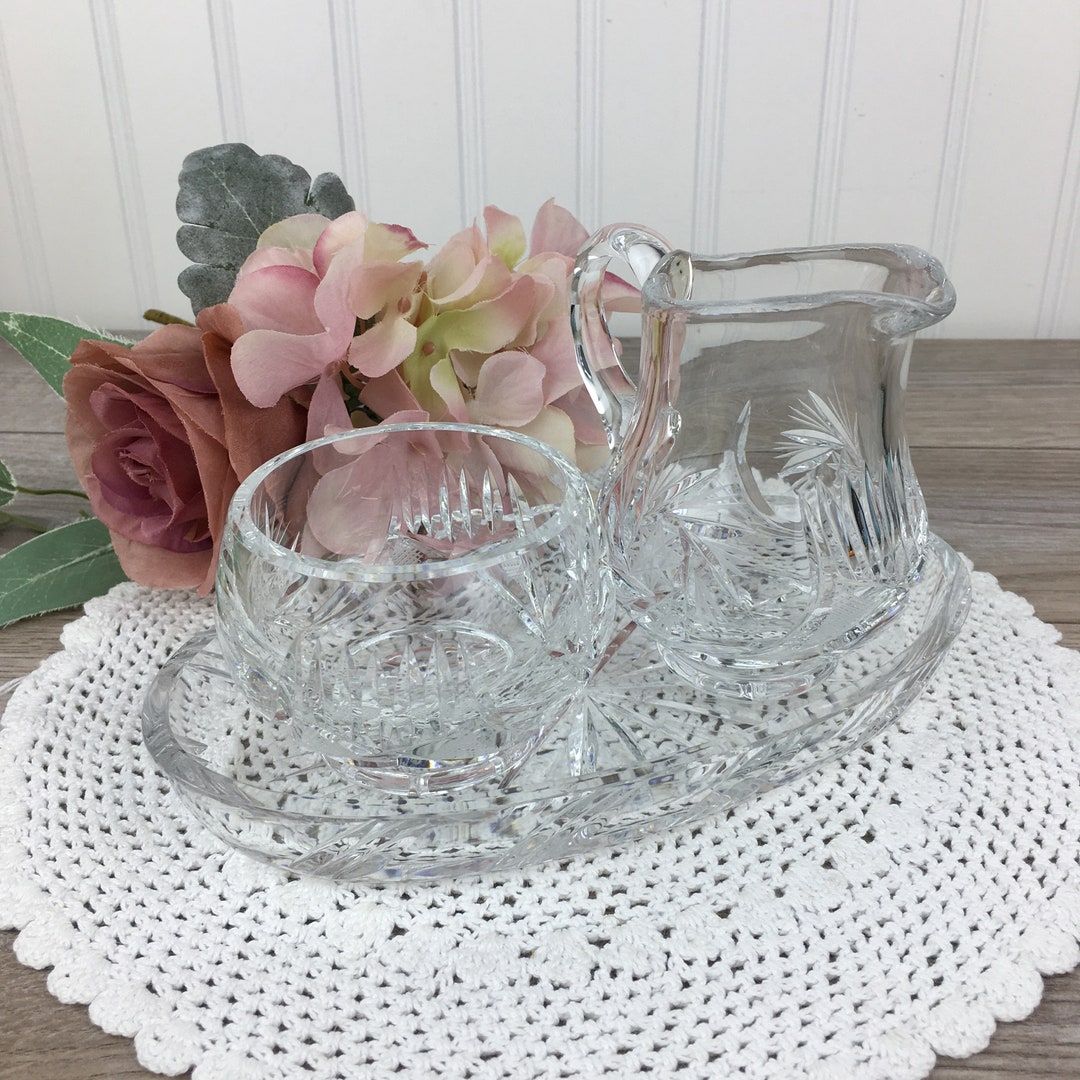 Vintage Crystal Glass Sugar Bowl, Creamer & Tray Set, 3 Pieces, Hand