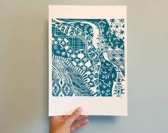 Hand-printed linocut "Mosaic" A4 format