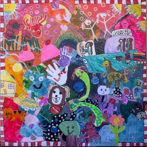 May include: A colorful, whimsical artwork featuring a collage of drawings. The piece includes a rainbow, cupcakes, a dog, a snake, and stick figures. The border is red and white striped. The artwork is filled with bright colors and playful imagery.