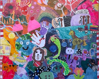 May include: A colorful, whimsical artwork featuring a collage of drawings. The piece includes a rainbow, cupcakes, a dog, a snake, and stick figures. The border is red and white striped. The artwork is filled with bright colors and playful imagery.