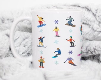 Snowboarder Mug, Allover Snowboarder and Snowflake Print, Cute Winter Mug, Snowboarding Illustrations, Christmas Gift, Holiday Mug