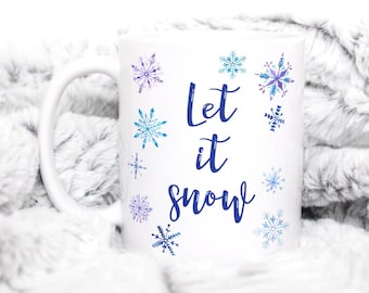 Let It Snow Mug | Watercolor Snowflake Mug | Cute Winter Mug | Christmas Gift for Her | Holiday Coffee Mug | Blue and Purple Snowflakes