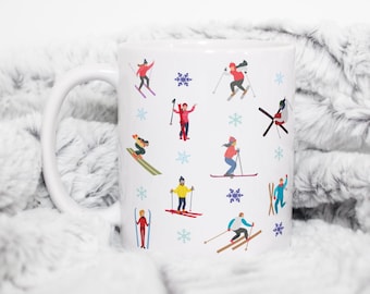 Ski Mug, Allover Skier and Snowflake Print, Cute Winter Mug, Skiing Illustrations, Gift for Skier, Apres Ski, Christmas Gift, Holiday Mug