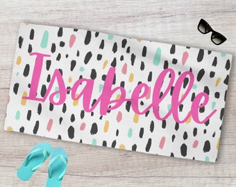 Personalized Beach Towel, Custom Pink Name Gift for Her, Paint Brush Strokes, Colorful Polka Dot Girls Pool Towel, Birthday Gift for Women