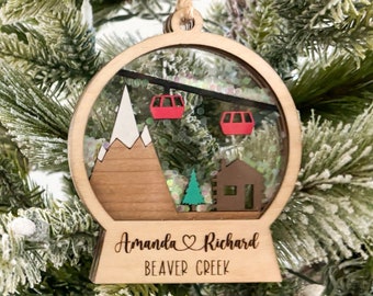 Personalized Snowglobe Ornament, Skiing Snow Globe Shaker, Wood Ski Gondola, Cabin Mountain Decor, Christmas Gift for Skier, Snowboarder