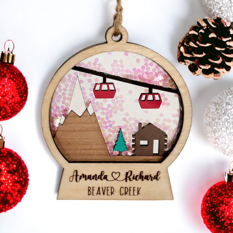 Personalized Snowglobe Ornament, Skiing Snow Globe Shaker, Wood Ski
