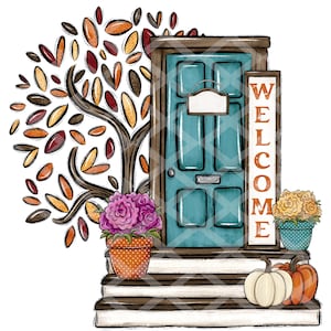 Welcome Fall  Dish tea towel  throw pillow PNG Sublimation Design Instant digital Download pumpkins mums front door