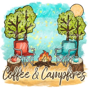 Camping Campfire coffee PNG Instant download t-shirts mugs tea towels sublimation trees stars moon sun summer