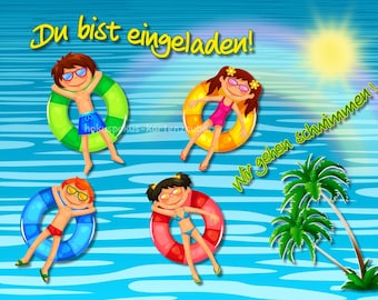 8 Einladungskarten Schwimmbad Geburtstag Kinder Kindergeburtstag Einladungen