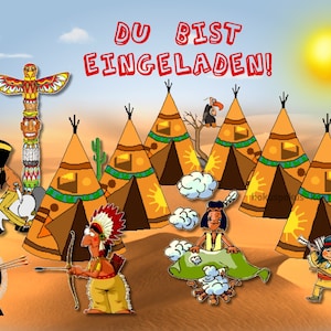 8 uitnodigingskaarten voor een Indiaas kinderfeestje met een thema, feestleider, Indiaas verjaardagsfeest