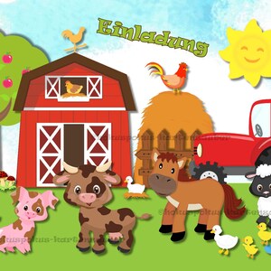 8 Einladungskarten Bauernhof Geburtstag Kinder Kindergeburtstag Einladungen Farm Tiere Pferde Kühe Schafe Traktor Natur