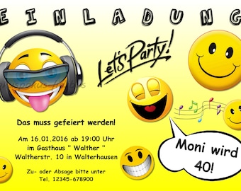 10 Einladungskarten Smiley Emoji Geburtstag Party Retro Mottoparty 80s 90s Einladungen gute Laune Lachen Lustig Music Disco Musik Teenager