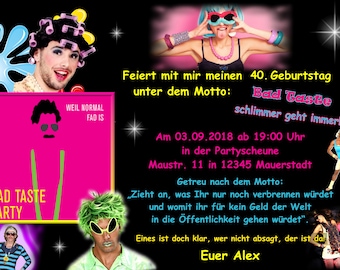 10 Einladungskarten Bad Taste Geburtstag Party Retro Mottoparty schlechter Geschmack Outfit Kleidung schlimmer Klamotten verkleiden