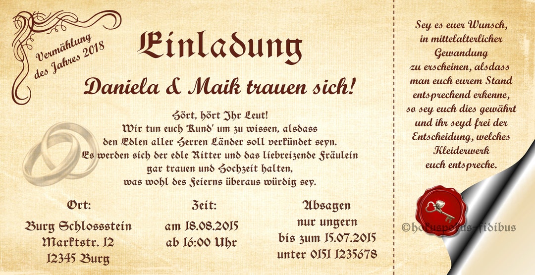 25 Einladungskarten Hochzeit Einladungen Mittelalter 21 x 10,5