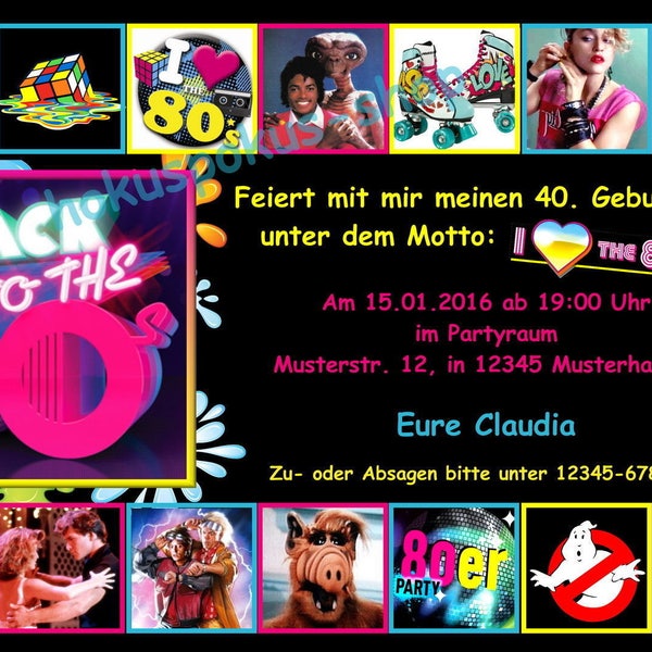 10 Einladungskarten 80er 80s Geburtstag Party Retro 80 Jahre Musik Disco Einladungen Mottoparty jedes Alter möglich: z.B. 18 30 40 50 60