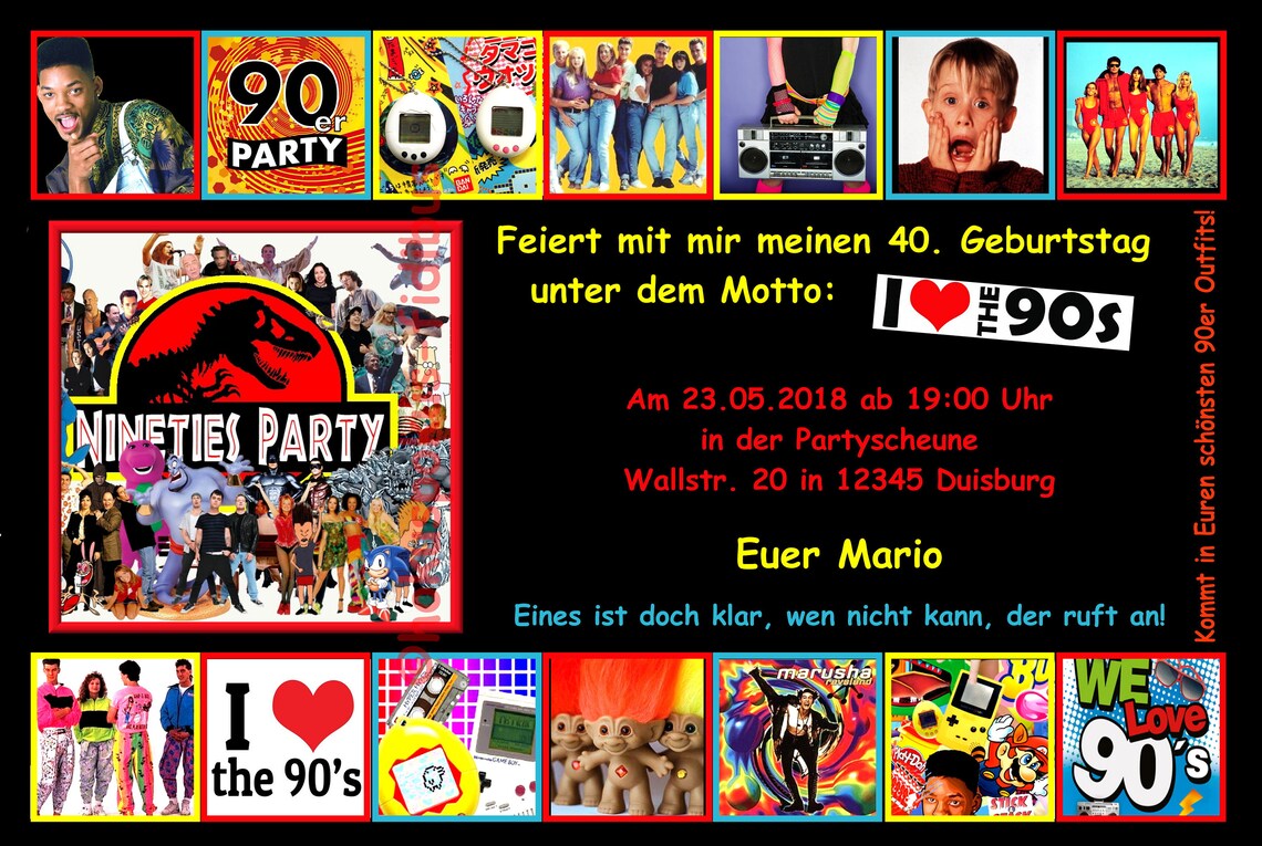 10 Einladungskarten 90er 90s Geburtstag Party Retro 90 Jahre Musik