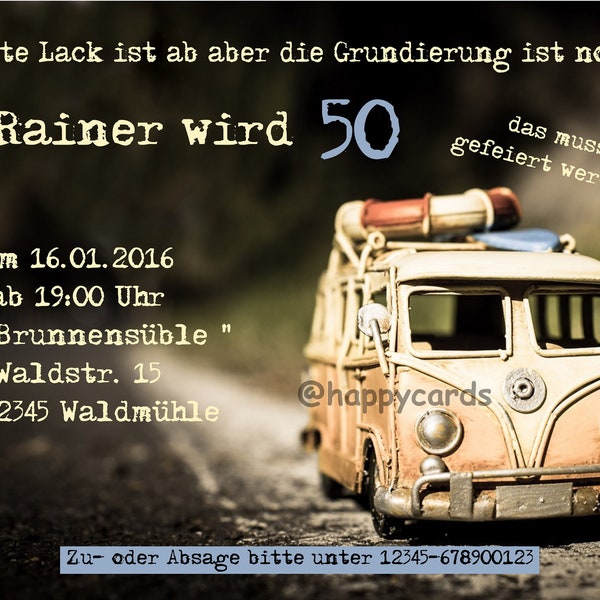 10 Einladungskarten Bulli Oldtimer VW Bus Geburtstag Party Einladungen jedes Alter möglich: 18 30 40 50 60