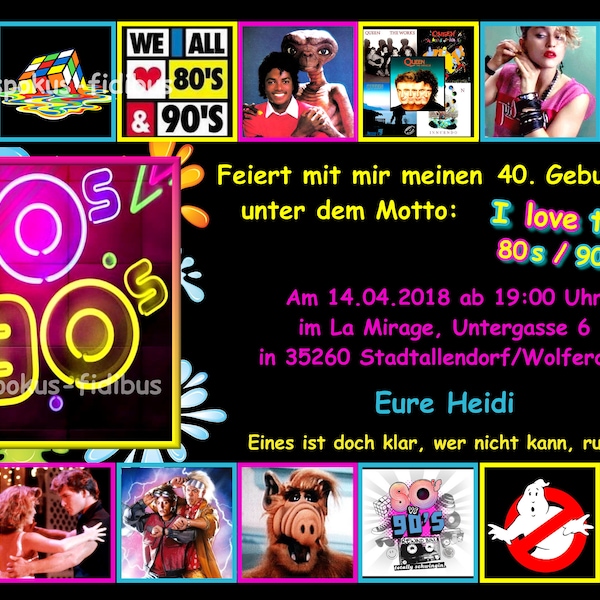 10 Einladungskarten 80s - 90s Geburtstag Party Retro 80er 90er Jahre Mottoparty