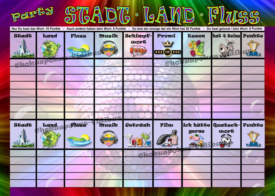 PARTY Stadt Land Fluss Quatsch lustiges witziges Party Partyspiel für