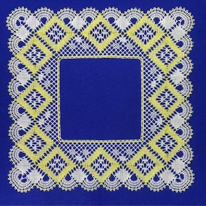 May include: Two handmade lace doilies. One is purple with a rectangular centre and diamond pattern border. The other is white and yellow with a square centre and diamond pattern border, set against a blue background.