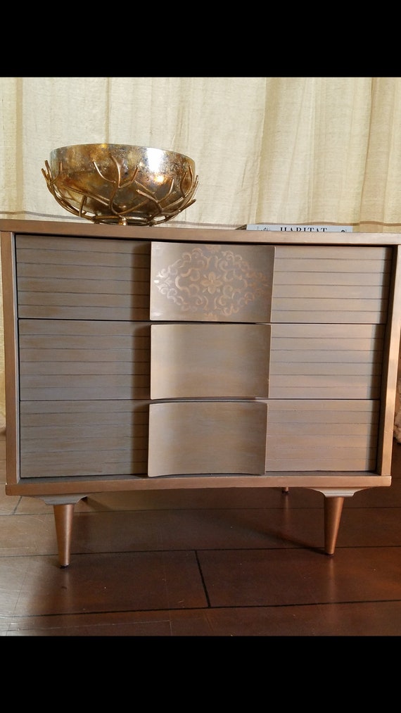 Mid Century Modern Dresser Weathered Gray With Bronzed Gold Etsy