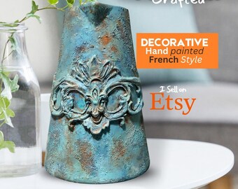 Decorative pitcher, jar restyled, home decor, use for decor only, French decor, vintage, farmhouse, crafted, Cottage Chic, Rustic Gift,