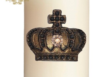 Pillar candle pin accent SET OF 2 SMALL crown embellished handmade rhinestones craft Tuscany old world crown cross lion medieval ornate
