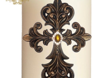 Pillar candle pin accent  Large CROSS embellished handmade rhinestones craft  tuscany old world crown cross lion medieval ornate